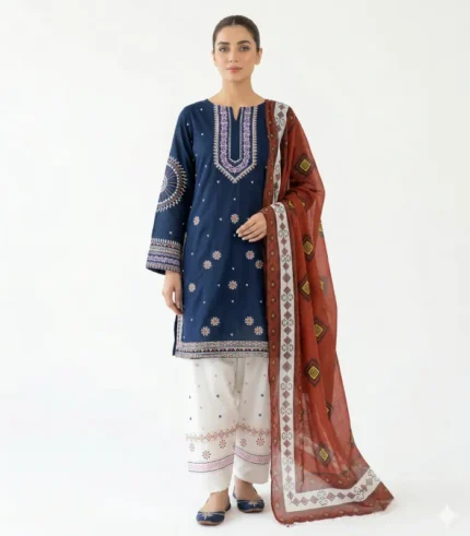 Three-Piece Embroidered Blue Lawn Suit
