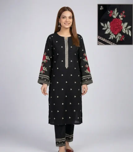 Elegant Two-Piece Embroidered Lawn Suit - Black with Floral Accents